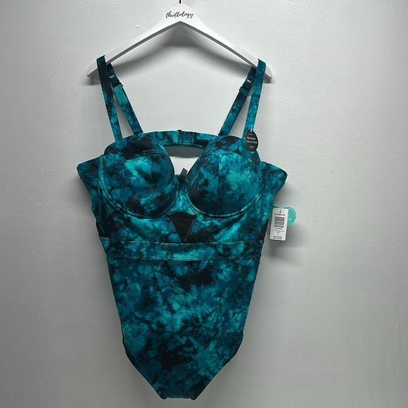 Torrid Swimsuit One 1 Piece Suit Tie Dye Mesh Insert Teal Black New Plus Size 4X - Picture 4 of 10